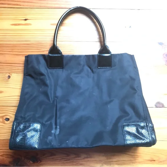 Tory Burch Ella Black Leather Nylon Tote Bag, EUC, 16.5”